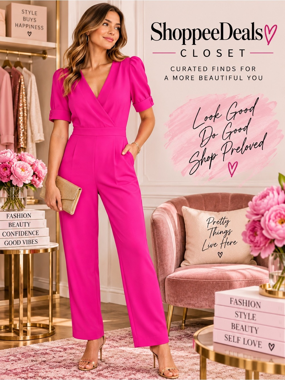 Adelyn Rae Kori Hot Pink V-Neck Jumpsuit